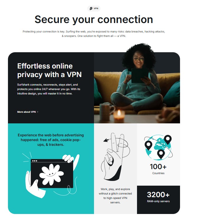 Surfshark VPN hero banner showing secure private connection
